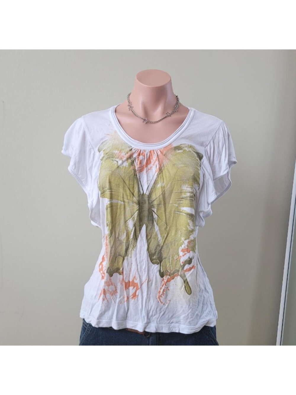 Esprit Yellow Pastel Spray Butterfly Ruffle Trim Summer Tee (S)